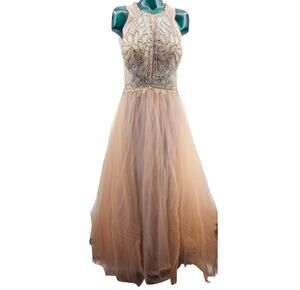 Glamour by Terani Light Peach Blush Beaded Sleeveless Ball Gown Prom Dress 14 L